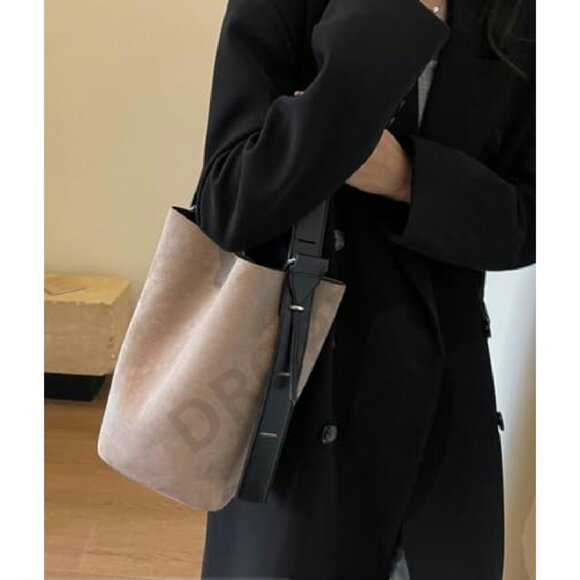 Vegan Leather Suede Bucket Hobo Tote Y2K Chic Casual Shoulder Bag - Picture 3 of 8